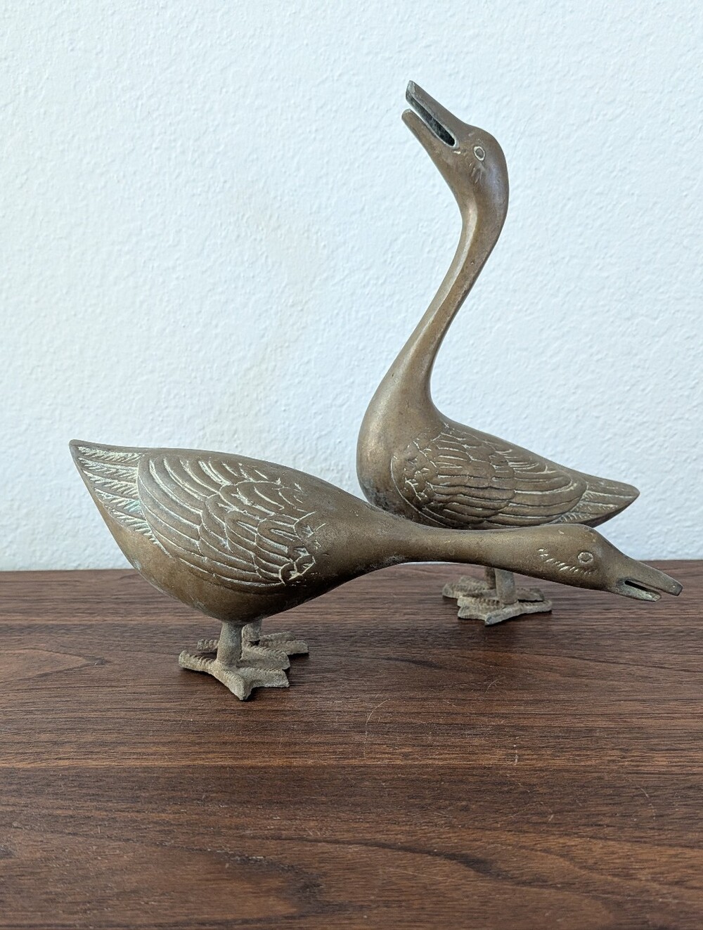 Vintage Pair Brass Geese Figurines Duck Statues MCM Decor - Picture 7 of 16
